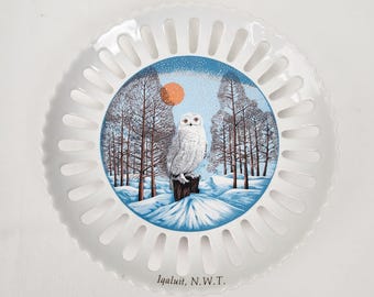 Vintage Snowy Owl Decorative Plate, Pierced Edge Winter Scene
