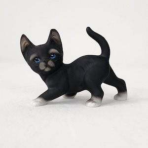 Bisque Porcelain Small Cat Figurine Blue Eyes Black Kitty Vntage Collectable Cute Adorable Shelf Decor Eclectic Cottagecore Unique Gift Idea