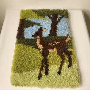 Latch Hook Rug Textured Wall Art Earth Tones Fawn Bambi Baby Deer Gender Neutral Nursery Kids Room Boho Cottage Cabin Farmhouse Home Decor