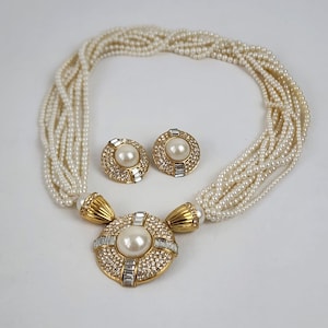 VTG 1980s Oscar De La Renta Torsada Necklace & Earrings Set Designer Luxury Wedding Statement Piece Gold Tone Jewelry Faux Pearl Rhinestones