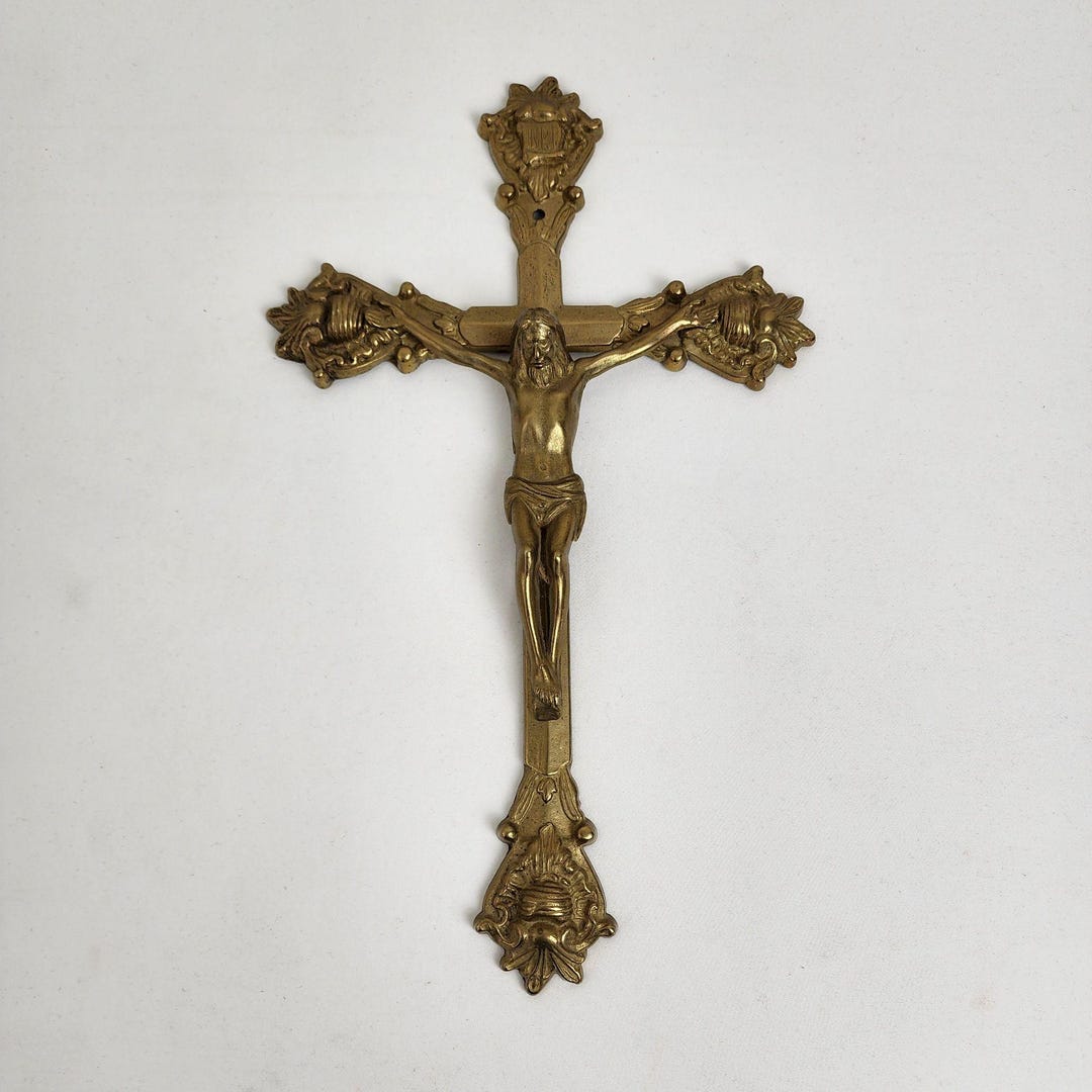Vintage Solid Brass Crucifix INRI Inscription Christ on Cross 13