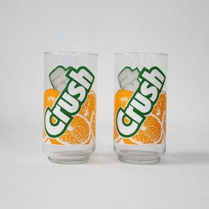 Vintage 90s Orange Crush Soda Logo Drinking Glasses Set x2 Barware Tumblers Retro Advertising Collectibles Kitchen Decor Pop Beverage Cups
