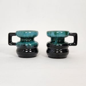Blue Mountain Pottery BMP Canada Taper Candle Holders w Handles Chamberstick Set x2 Retro Drip Glaze VTG 70s MCM Boho Chic Dark Cottagecore