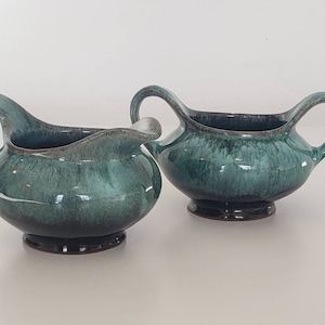 Evangeline Canada Studio Pottery MCM Cream & Sugar Set VTG 70&#39;s Blue Mountain Style Teal Black Drip Glaze Retro Home Decor Modern Farmhouse