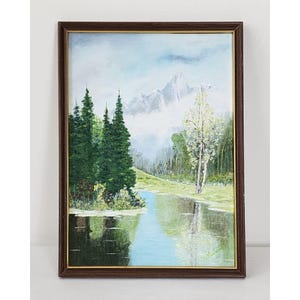 VTG Framed Mountain Landscape Acrylic Painting 11&quot; x 15&quot; Signed By Artist Forest Green Sky Blue River Nature Meadow Hand Painted Artwork