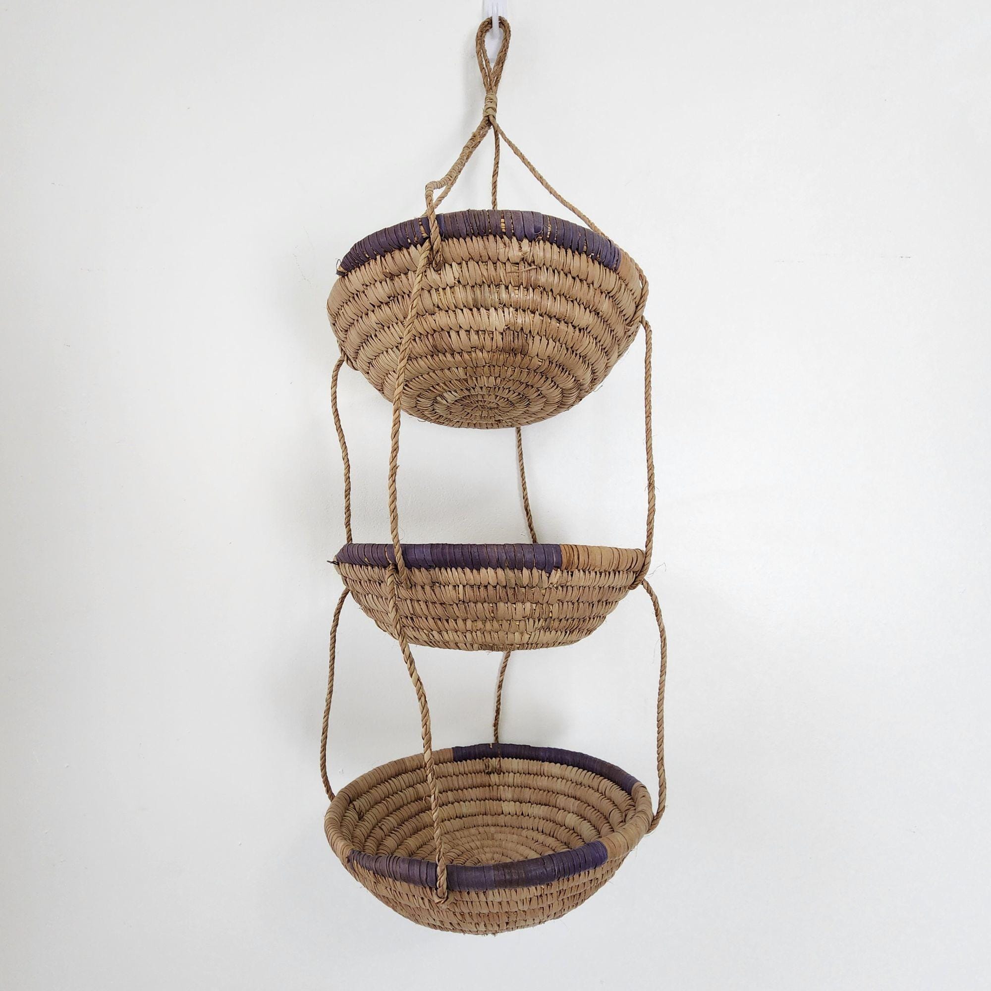 African Handwoven Sisal Hanging Fruit Basket Neutral Kitchen Storage Boho Chic Rustic Primitive Earthy Eco Friendly Home Decor Artesian Made