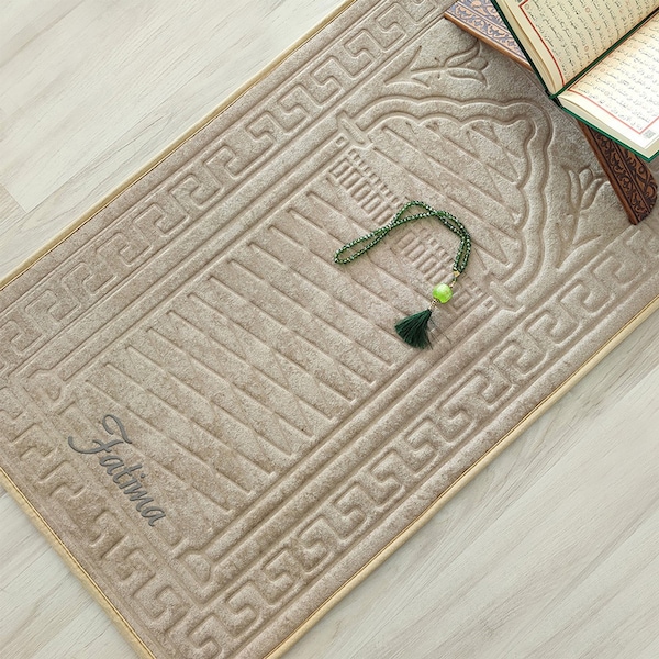Extra Foam Padded Gold Prayer Mat, Could be Personalized, Beige Large Muslim Prayer Rug, Anti-Slip Backing, Janamaz, Designer Sejadah 101