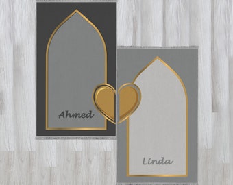 Personalized Foam Padded 2 Prayer Mat Set with Heart Design, Islamic Wedding Gift, Nikkah Gift for Muslim Couples, Dowry Janamaz Rug 707