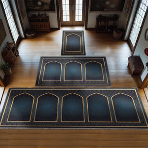 May include: Three blue prayer rugs with gold trim and arched designs. The rugs are arranged in a staircase pattern on a wooden floor.