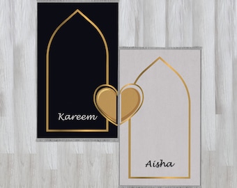 Personalized Foam Padded 2 Prayer Mat Set with Heart Design, Islamic Wedding Gift, Nikkah Gift for Muslim Couples, Dowry Janamaz Rug 708