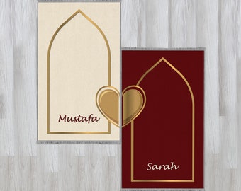 Personalized Foam Padded 2 Prayer Mat Set with Heart Design, Islamic Wedding Gift, Nikkah Gift for Muslim Couples, Dowry Janamaz Rug 709