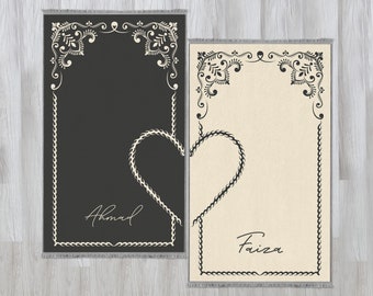 Personalized Foam Padded 2 Prayer Mat Set with Heart Design, Islamic Wedding Gift, Nikkah Gift for Muslim Couples, Dowry Janamaz Rug 702