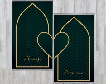 Personalized Foam Padded 2 Prayer Mat Set with Heart Design, Islamic Wedding Gift, Nikkah Gift for Muslim Couples, Dowry Janamaz Rug 706