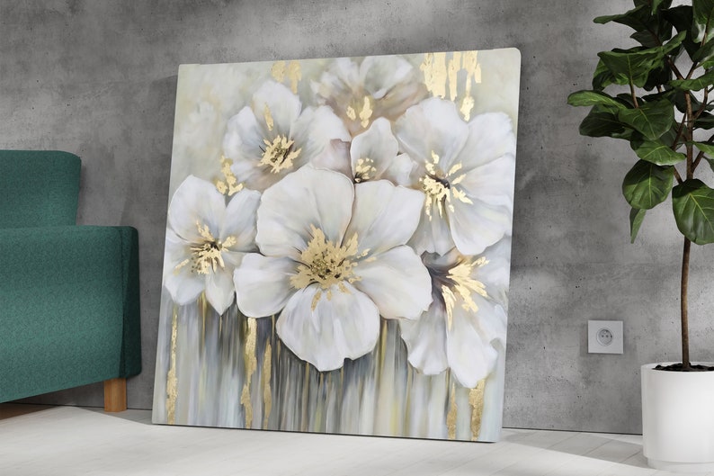 White and Gold Flowers Wall Art Luxury Flowers Wall Decor Etsy