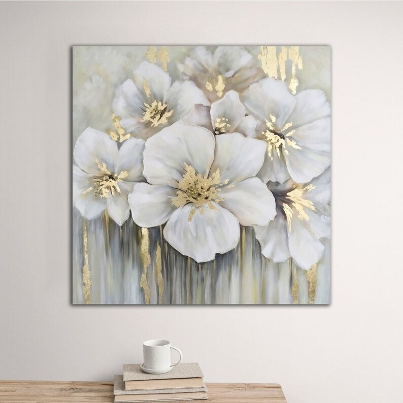 White and Gold Flowers Wall Art Luxury Flowers Wall Decor Etsy