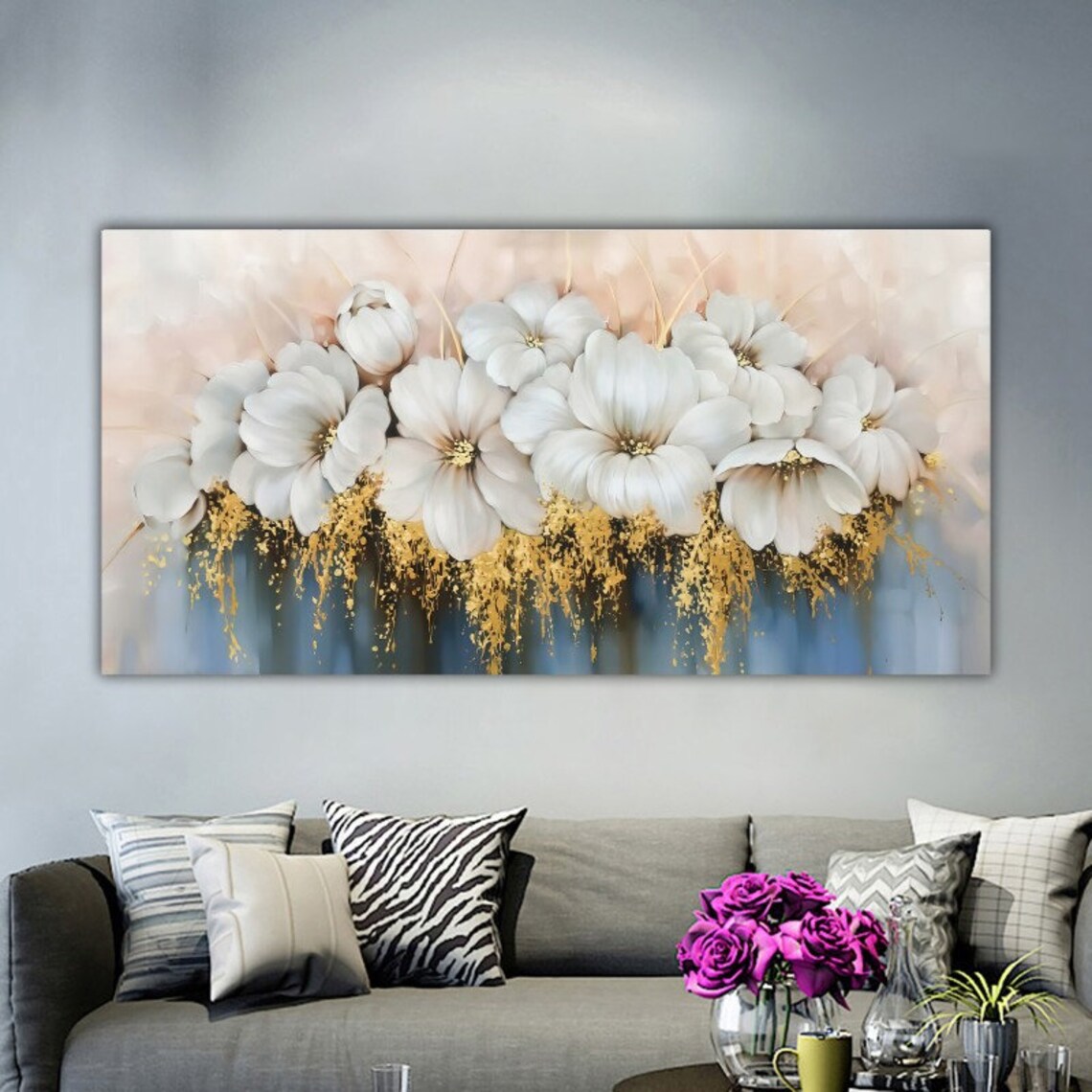 White & Gold Flowers Wall Art Luxury Flowers Wall Decor Etsy
