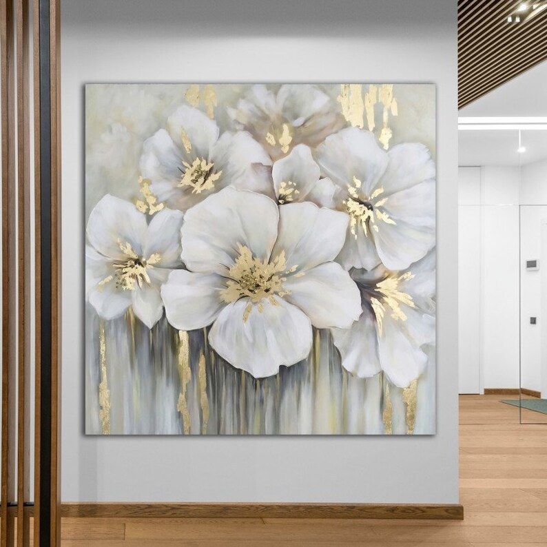 White and Gold Flowers Wall Art Luxury Flowers Wall Decor Etsy