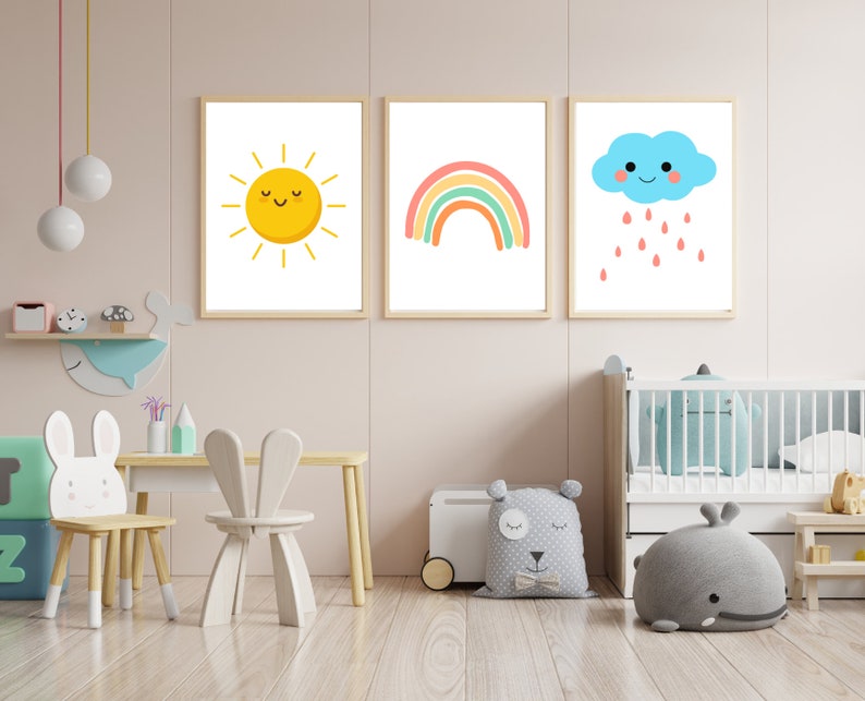 Set of 3 Sun Rainbow Cloud | Nursery Decor | Kids Room | Rain | Shower ...