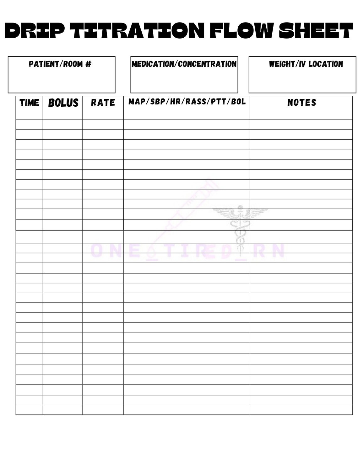 Nursing Printable Drip Titration Flow Sheet Etsy