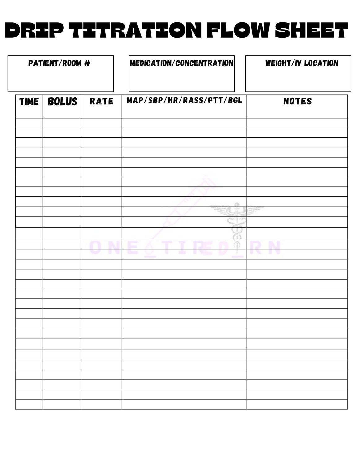 Nursing Printable Drip Titration Flow Sheet Etsy