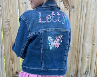 Custom Embroidered Jean Jacket with a Butterfly or Unicorn Design
