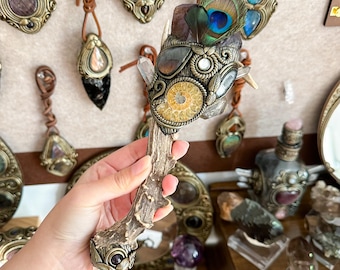 Handmade Natural Crystal Amethyst Antler Wand/Magic Clear Quartz Witch Wand/Labradorite Amethyst Ammonite Antler Stem/Chakra/Altar Tool