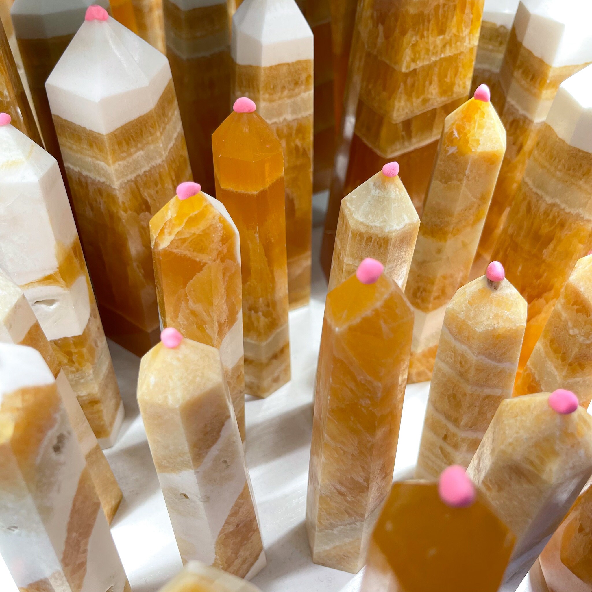 Calcite Orange/Tour de Calcite Miel/Calcite Jaune/Tour Quartz Doré/Obélisque