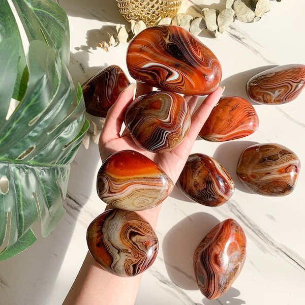 Pierre de palmier d'agate rouge Sardonyx/Pierre d'agate de soie naturelle/Pierre de poche d'agate à bandes de Madagascar