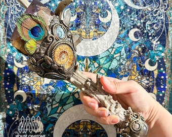 Handmade Natural Crystal Amethyst Antler Wand/Magic Amethyst Witch Wand/Labradorite Amethyst Ammonite Antler Stem/Chakra/Altar Tool