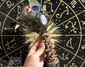 Handmade Natural Crystal Amethyst Antler Wand/Magic Clear Quartz Witch Wand/Labradorite Amethyst Ammonite Antler Stem/Chakra/Altar Tool