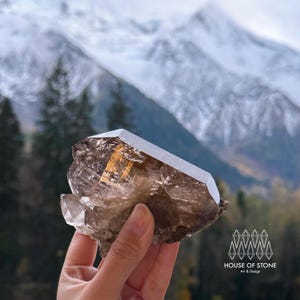 Könnte beinhalten: Ein Rauchquarzkristall mit einem großen, facettierten Punkt und einer kleineren Kristallformation. Der Kristall wird vor dem Hintergrund einer schneebedeckten Bergkette und immergrünen Bäumen gehalten. Der Kristall hat eine durchscheinende, braune Farbe.