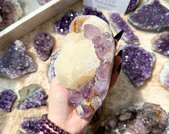 Natural Large Amethyst Geode with Calcite/Amethyst Crystal Cluster/Sugar Amethyst Standing Cluster/Crown Chakra