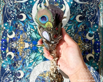 Handmade Natural Crystal Amethyst Antler Wand/Magic Amethyst Witch Wand/Labradorite Amethyst Ammonite Antler Stem/Chakra/Altar Tool