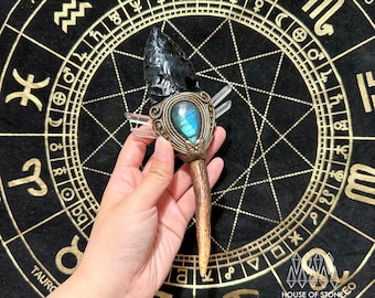 Handmade  Natural Crystal Quartz Black Obsidian Antler Wand/Magic Black Obsidian Witch Wand/Labradorite Antler Wand/Chakra/Altar Tool