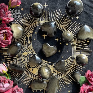 Natural Rare Gold Sheen Obsidian Palm Stone/Gold Obsidian Heart Carvings/Hand carved Obsidian Chakra Stone
