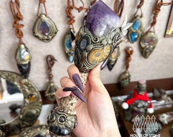 Handmade Natural Crystal Amethyst Antler Wand/Magic Amethyst Witch Wand/Labradorite Amethyst Ammonite Antler Stem/Chakra/Altar Tool