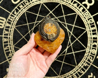 May include: A heart-shaped golden rutilated quartz stone topped with a dark metallic wire-wrapped ammonite fossil pendant. The fossil features a spiral pattern and is secured by intricate metal wire coils at the top and bottom.
