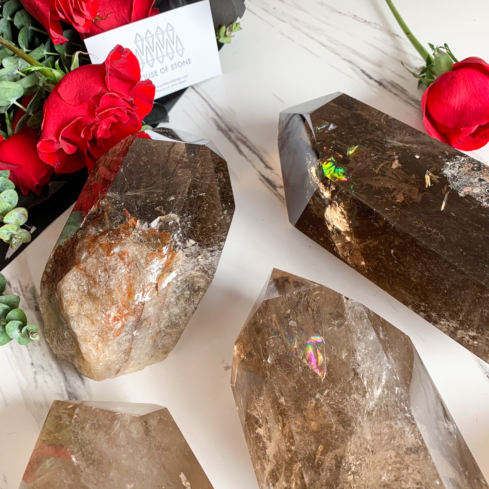 Tour de Quartz Fumé Brut Naturel/Tour Pointe Rutile Doré/Obélisque Arc-En-Ciel