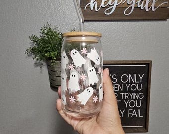 Floral Spooky Season Halloween Ghost Glass Can Cup / Pink Halloween / Girly Ghost Cup