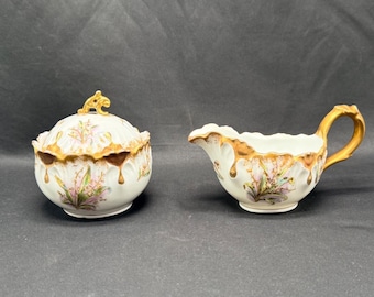 Antique Laviolette Limoges France Porcelain Creamer and Sugar Set Gold Gilt