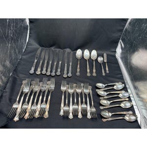 May include: A large collection of silver-toned flatware including dinner knives, dinner forks, salad forks, soup spoons, teaspoons, and a butter knife. Each piece features an ornate, embossed floral pattern along the handle and a polished finish.