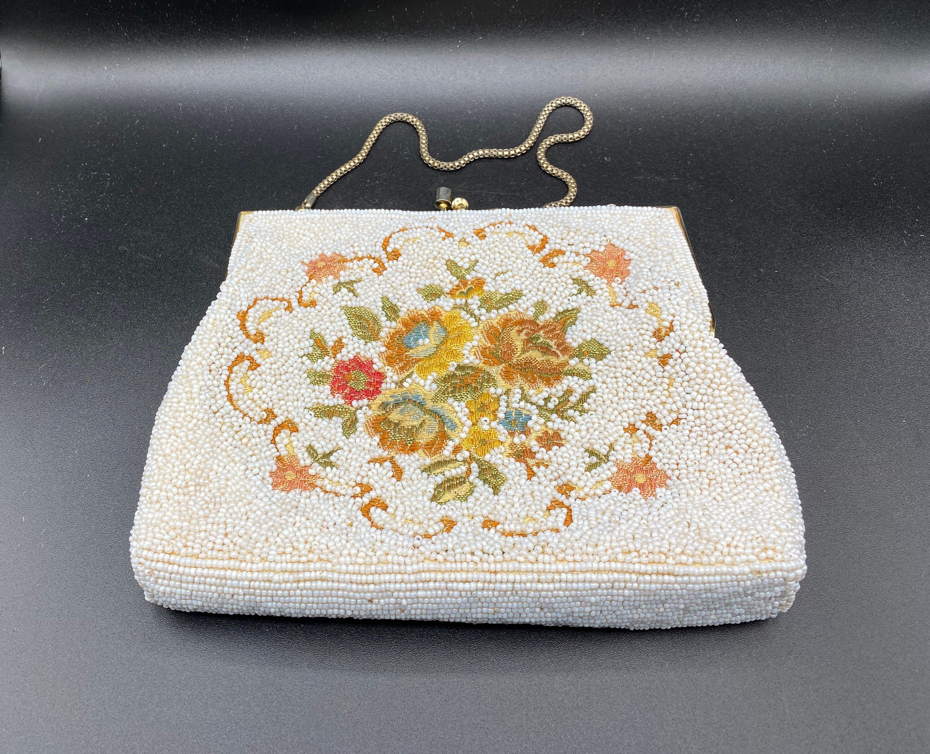 Vintage Purse Handmade in Hong Kong White Beaded Floral Etsy