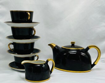 Art Deco Edward Hald Karlskrona tea set chocolate brown and gold 4 cups