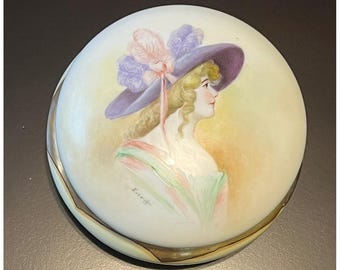 Antique Limoges Hand Painted Victorian Lady Powder Trinket Box 4.5" Signed READ