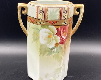 Nippon Morimura Hand Painted 2 Handle Hexagon Art Deco Vase Gold Moriage with Red and White Roses 6”