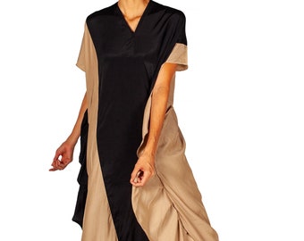 Black tan color block abaya maxi kaftan dress