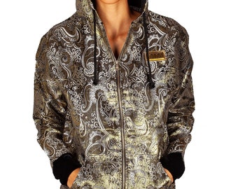 Black white gold paisley brocade hoodie