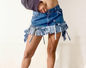 Denim fringe mini skirt