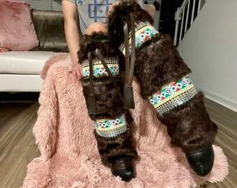 Vanity Legwear fawn brown fur leg warmer with multicolor trim