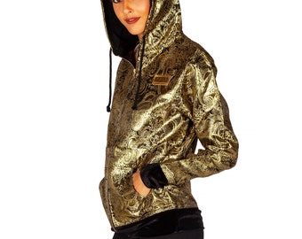 Gold and black paisley brocade hoodie